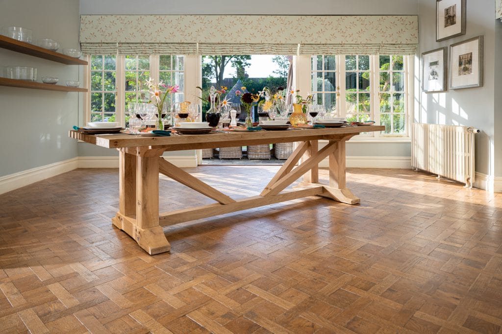A laid indoor wooden dining table