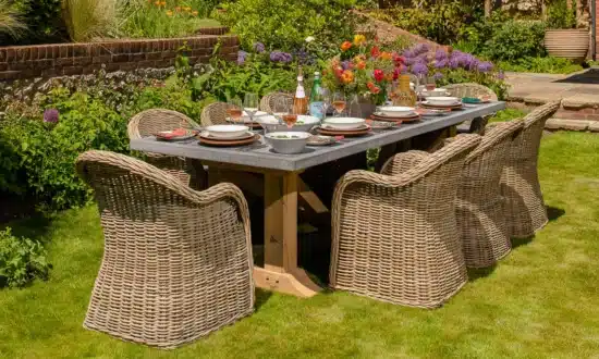 Hagen outdoor dining table fully set with seating