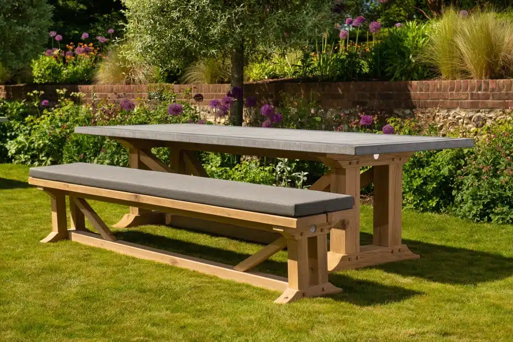 Hagen outdoor dining table with bench in outdoor settings