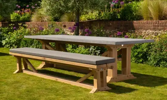 Hagen outdoor dining table with bench in outdoor settings