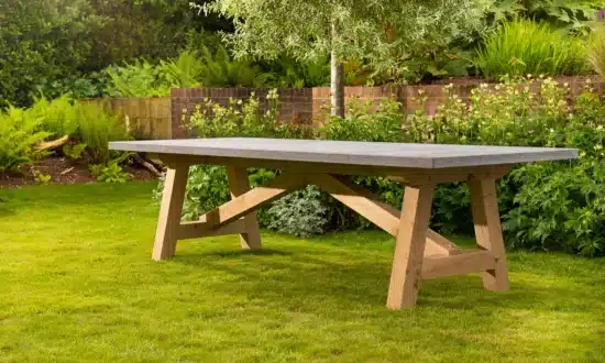 Lucius outdoor dining table side view in outdoor setting