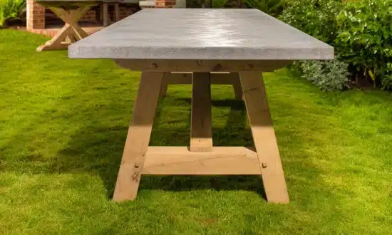 Lucius outdoor dining table side view in outdoor settings