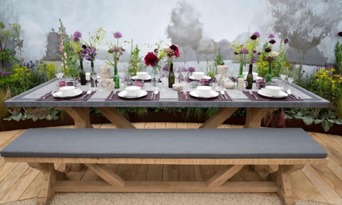 Oxenwood's Decorated and Placed Dining Table and Benches at Chelsea Flower Show 2019